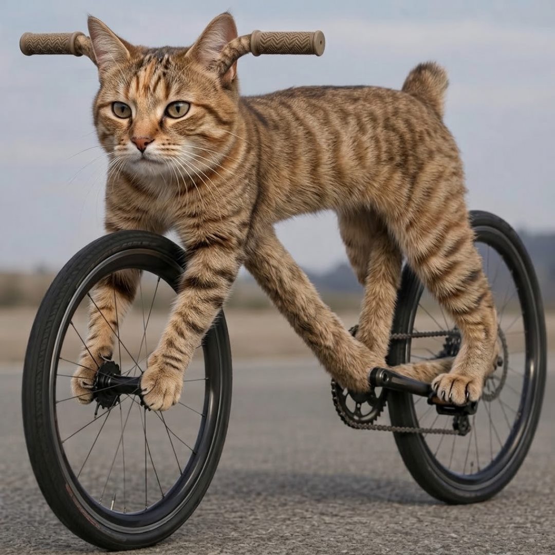 A tabby cat shaped like a bicycle: ears as handlebars, paws on the pedals, two wheels and a chain